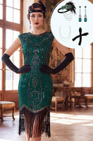 Load image into Gallery viewer, Dark Green Tight Fringed Sparkly Beaded Round Neck Midi 1920s Dress with 20s Accessories Set