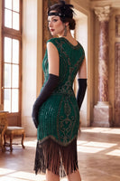Load image into Gallery viewer, Dark Green Tight Fringed Sparkly Beaded Round Neck Midi 1920s Dress with 20s Accessories Set