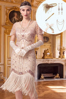 Load image into Gallery viewer, Apricot Tight Sparkly Sequin Fringed V-Neck Midi 1920s Dress with 20s Accessories Set