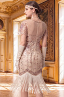 Load image into Gallery viewer, Apricot Tight Sparkly Sequin Fringed V-Neck Midi 1920s Dress with 20s Accessories Set