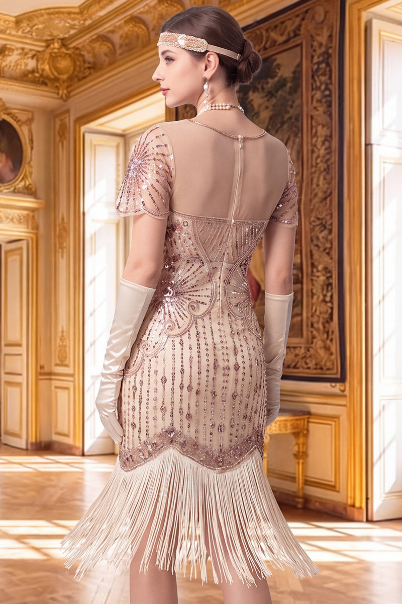 Load image into Gallery viewer, Apricot Tight Sparkly Sequin Fringed V-Neck Midi 1920s Dress with 20s Accessories Set
