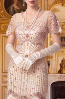 Load image into Gallery viewer, Apricot Tight Sparkly Sequin Fringed V-Neck Midi 1920s Dress with 20s Accessories Set
