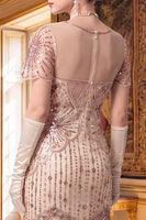 Load image into Gallery viewer, Apricot Tight Sparkly Sequin Fringed V-Neck Midi 1920s Dress with 20s Accessories Set