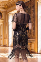 Load image into Gallery viewer, Sparkly Black Golden Sequin Tight V-Neck Midi 1920s Dress with 20s Accessories Set
