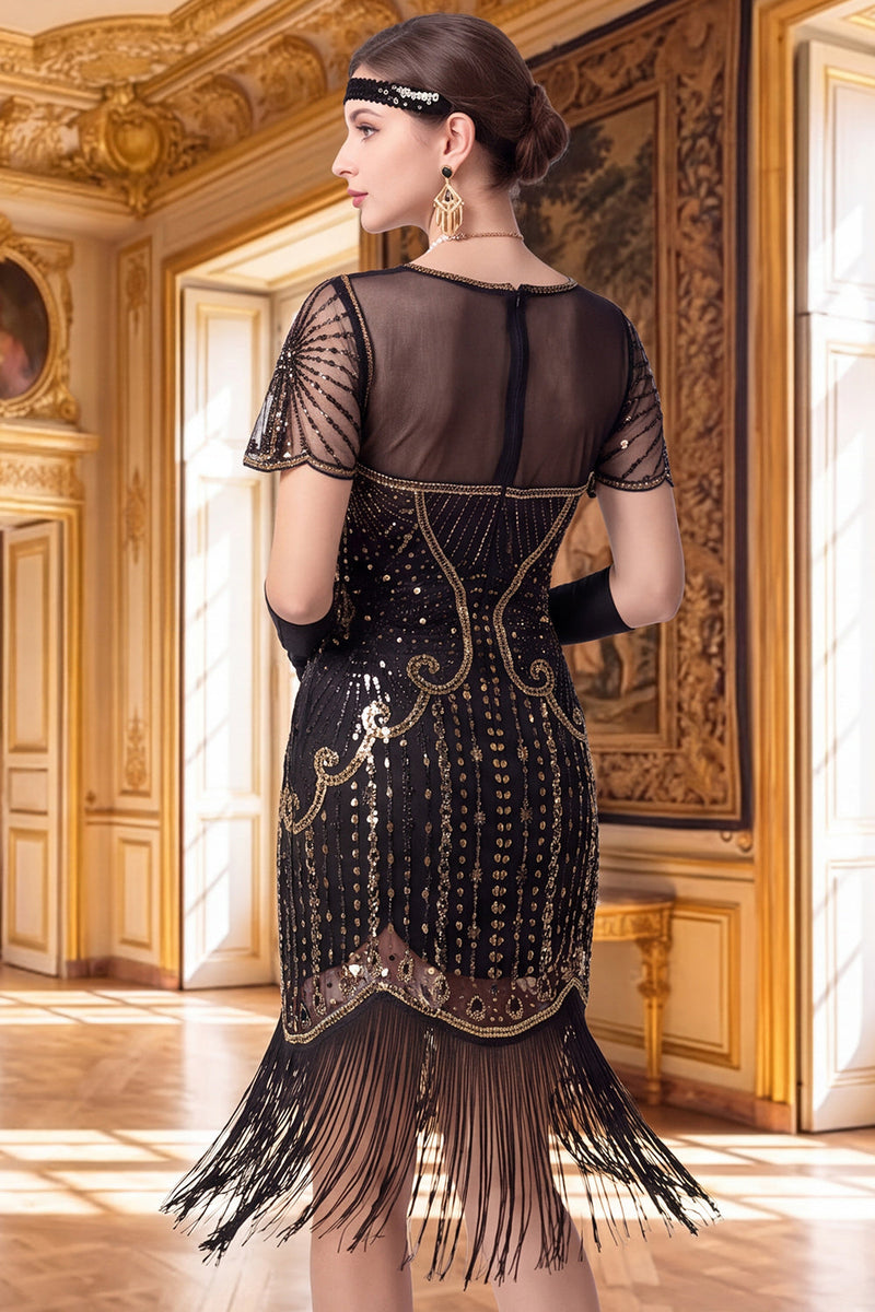 Load image into Gallery viewer, Sparkly Black Golden Sequin Tight V-Neck Midi 1920s Dress with 20s Accessories Set
