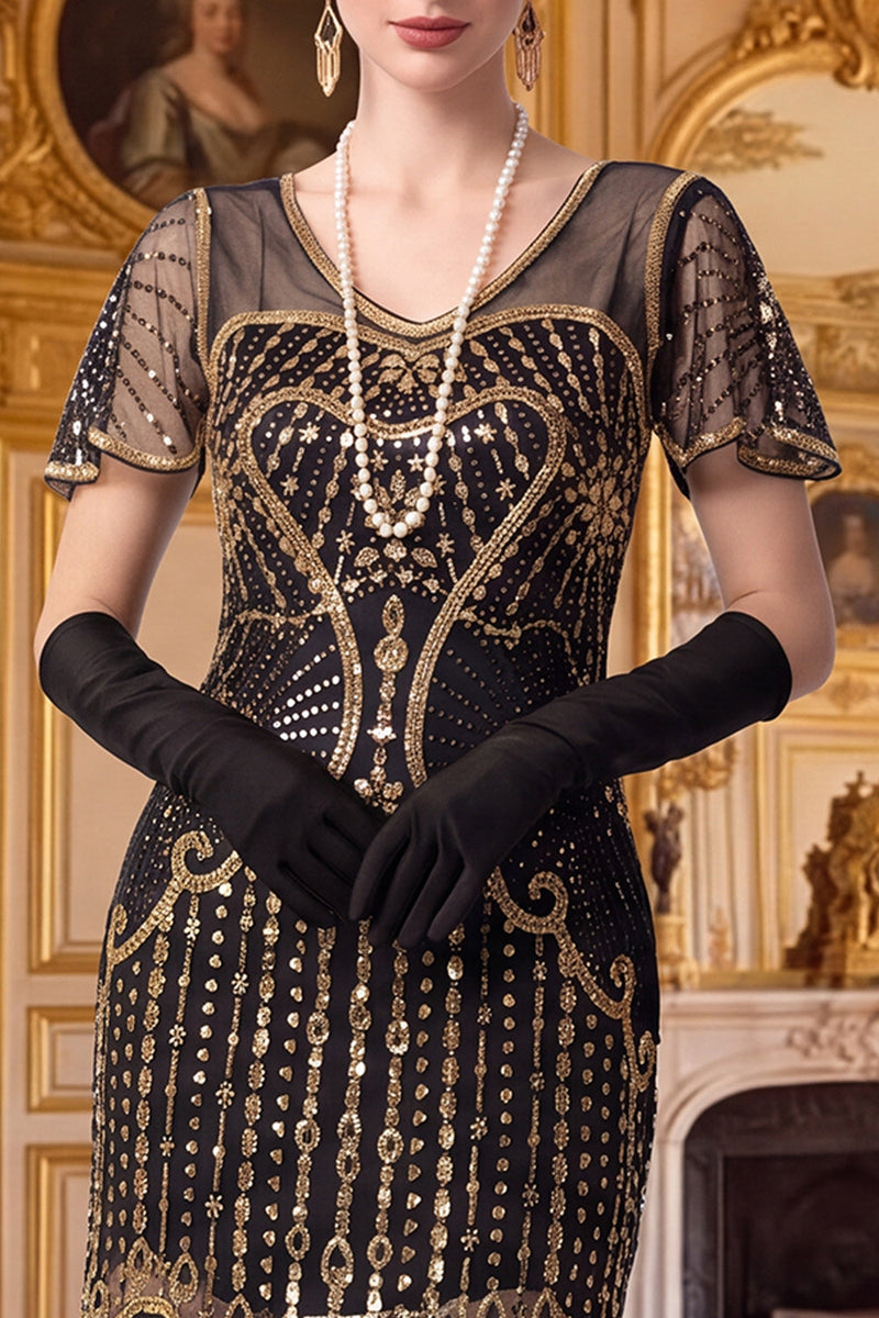 Load image into Gallery viewer, Sparkly Black Golden Sequin Tight V-Neck Midi 1920s Dress with 20s Accessories Set