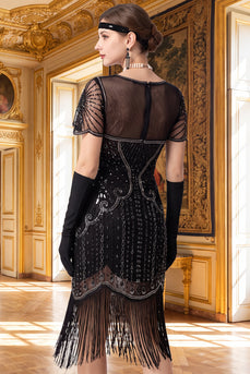 Sparkly Beaded Black Silver Tight V-Neck Midi 1920s Dress with 20s Accessories Set
