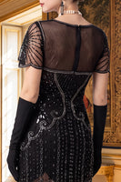 Load image into Gallery viewer, Sparkly Beaded Black Silver Tight V-Neck Midi 1920s Dress with 20s Accessories Set