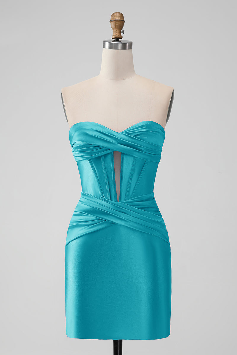 Load image into Gallery viewer, Dark Green Strapless Satin Bodycon Short Prom Dress