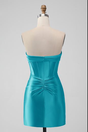 Dark Green Strapless Satin Bodycon Short Prom Dress