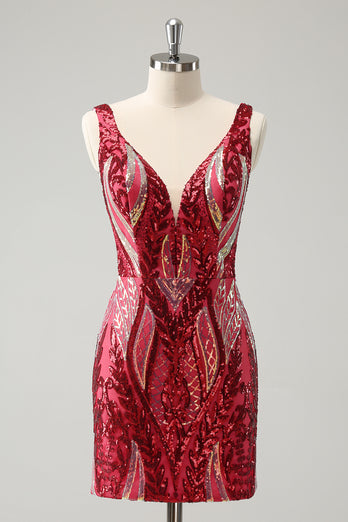Glitter Fuchsia Sequins V Neck Tight Party Dress