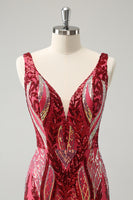 Load image into Gallery viewer, Glitter Fuchsia Sequins V Neck Tight Party Dress