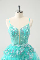 Load image into Gallery viewer, Glitter Green Spaghetti Straps A-Line Sequined Tiered Party Dress
