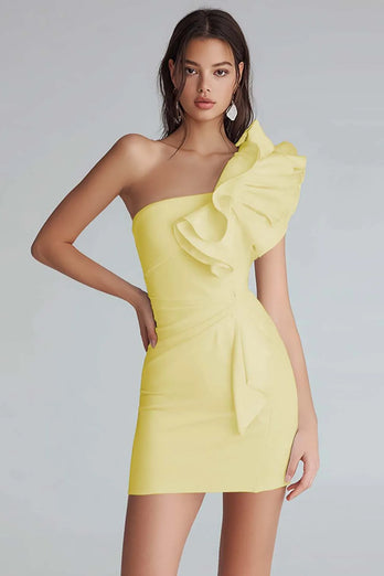 Ivory Satin One Shoulder Tight Short Bachelorette Party Dress with Ruffles