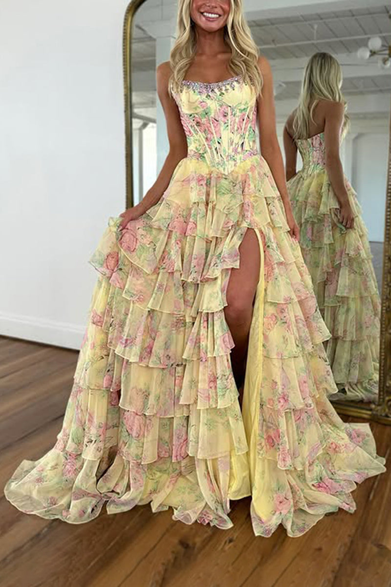 Load image into Gallery viewer, Sparkly Blue Floral Ruffled Long Corset Prom Dress with Slit