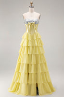 Load image into Gallery viewer, Pink Ruffled Sequin Long Corset Prom Dress with Bow