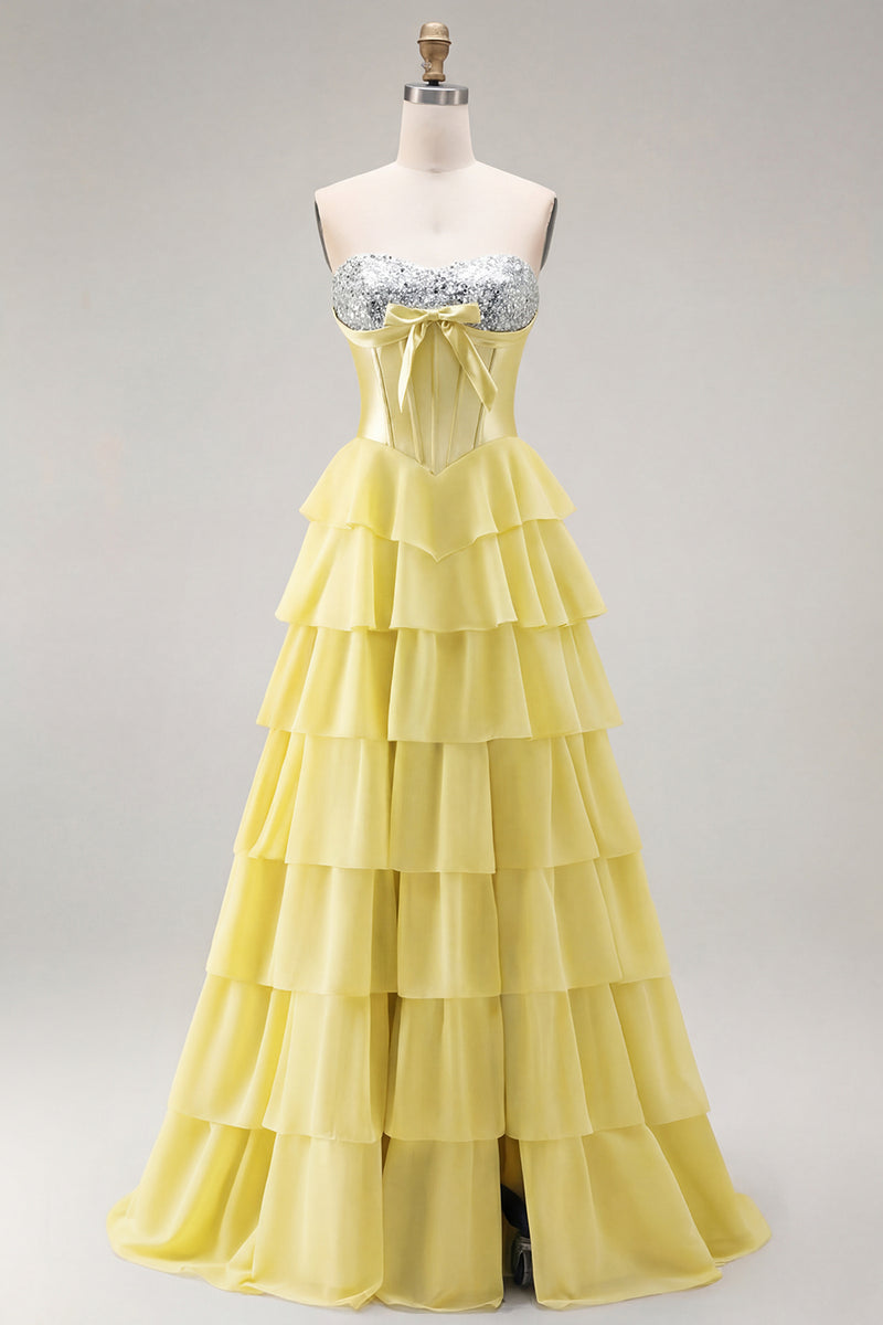 Load image into Gallery viewer, Pink Ruffled Sequin Long Corset Prom Dress with Bow