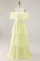 Load image into Gallery viewer, White Chiffon Off the Shoulder Tiered Boho Sweep Train Wedding Dress