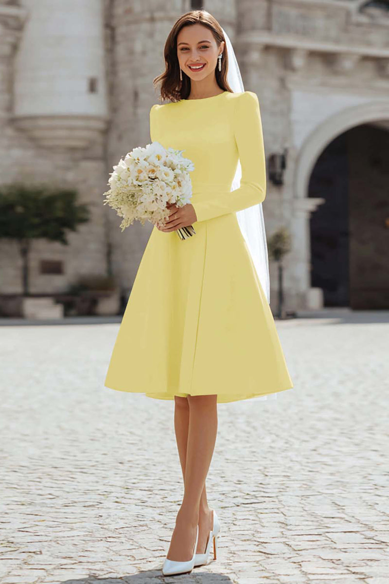 short wedding dress for plus size Queendancer Women Plus Size Satin Ivory Short Wedding Dress A Line Round Neck Long Sleeves Bridal Shower Dress – queendanceruk