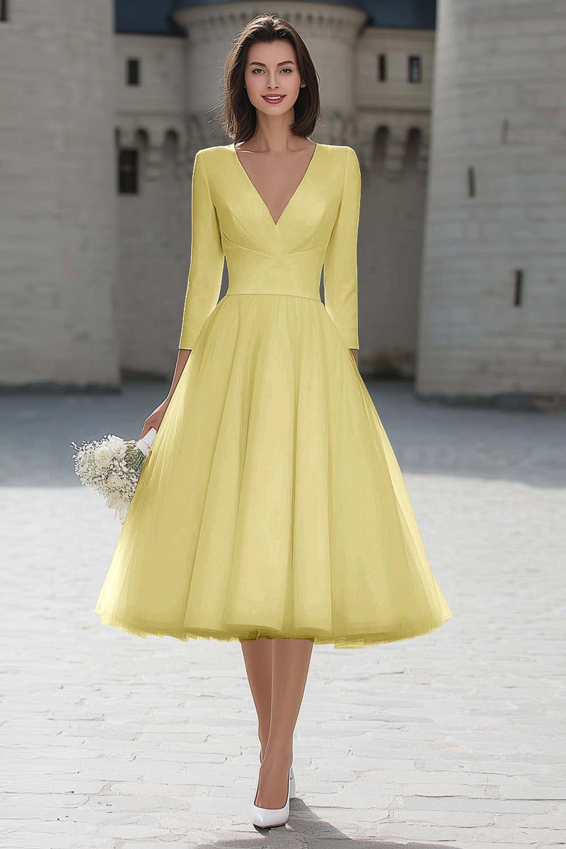 Load image into Gallery viewer, Ivory A Line V-Neck Midi Wedding Dress with Sleeves