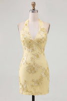 Load image into Gallery viewer, Light Blue Halter Floral Tight Backless Short Prom Dress