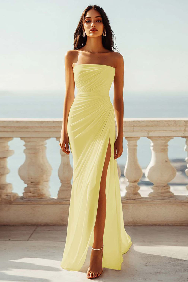 Load image into Gallery viewer, Strapless Ivory Ruched Chiffon Mermaid Maxi Engagement Dress