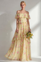 Load image into Gallery viewer, Off the Shoulder Pink Red Flower A Line Long Beach Wedding Guest Dress with Ruffles