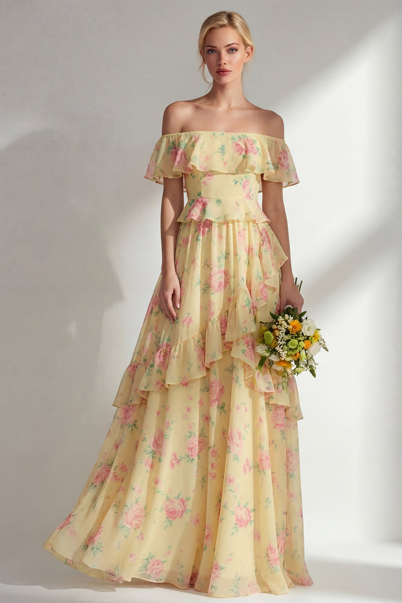 Load image into Gallery viewer, Off the Shoulder Pink Red Flower A Line Long Beach Wedding Guest Dress with Ruffles