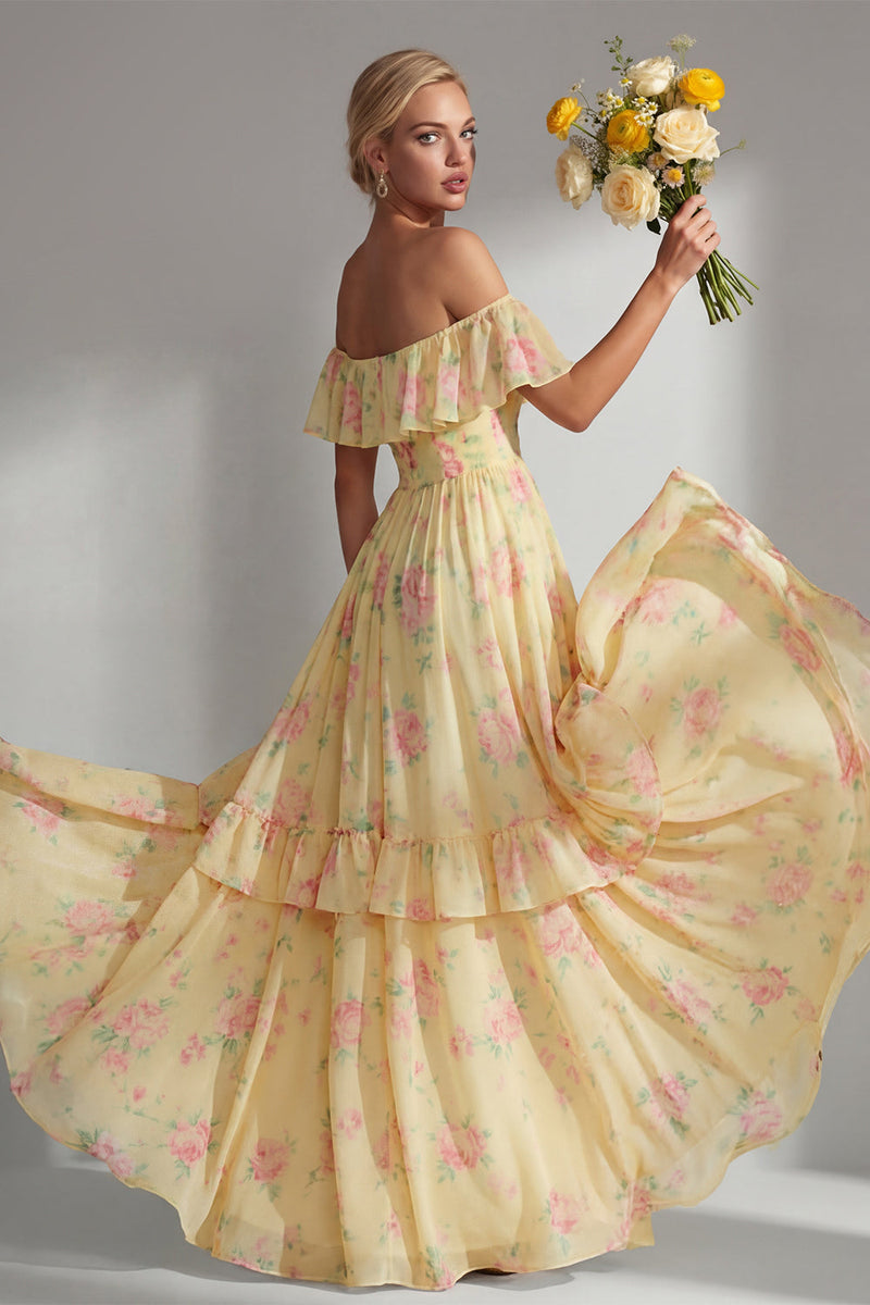 Load image into Gallery viewer, Off the Shoulder Pink Red Flower A Line Long Beach Wedding Guest Dress with Ruffles
