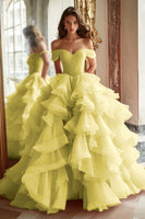 Load image into Gallery viewer, Pink Ball Gown Tulle Off the Shoulder Tiered Long Prom Dress