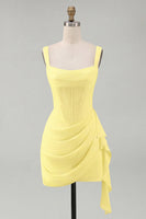 Load image into Gallery viewer, Ivory Thick Straps Corset Ruched Short Graduation Dress with Ruffles