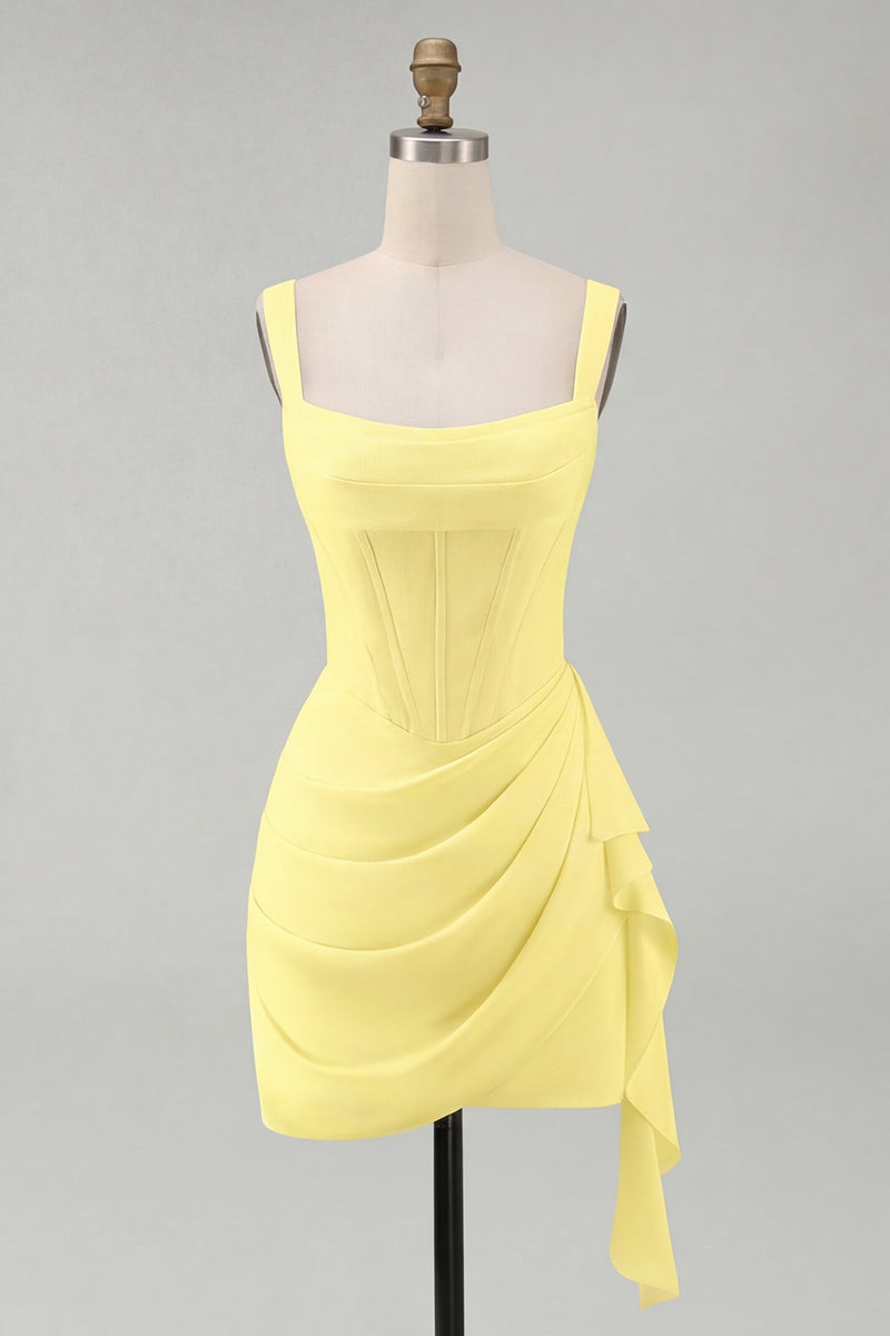 Load image into Gallery viewer, Ivory Thick Straps Corset Ruched Short Graduation Dress with Ruffles