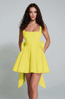 Load image into Gallery viewer, Black Square Neck Satin A Line Short Prom Dress with Bow