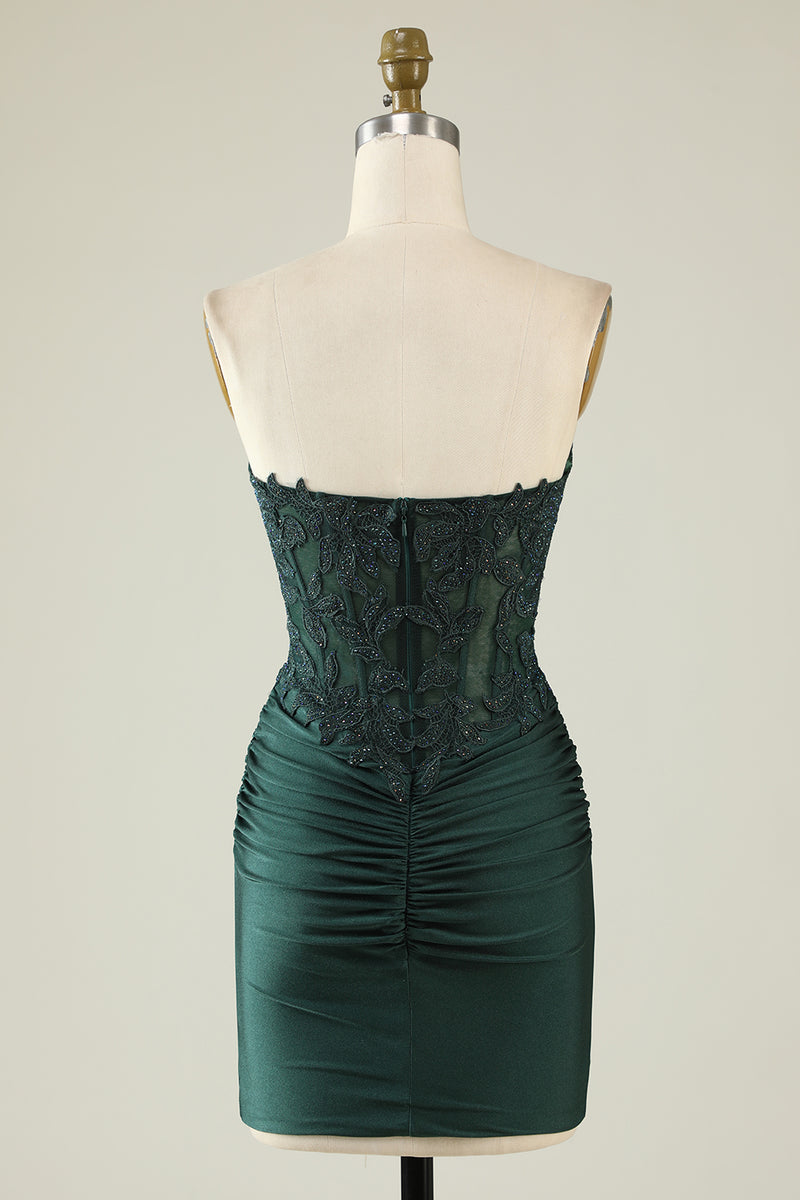 Load image into Gallery viewer, Strapless Dark Green Short Prom Dress with Beading
