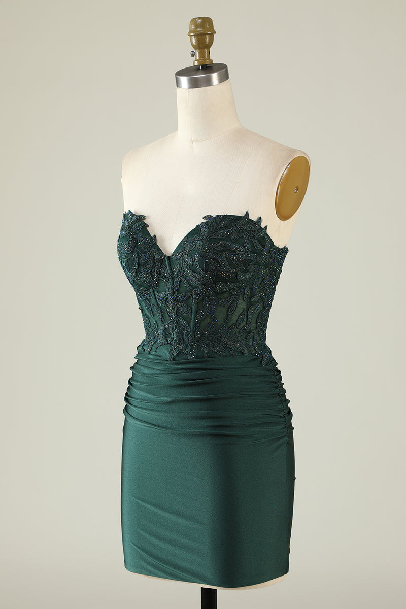 Load image into Gallery viewer, Strapless Dark Green Short Prom Dress with Beading
