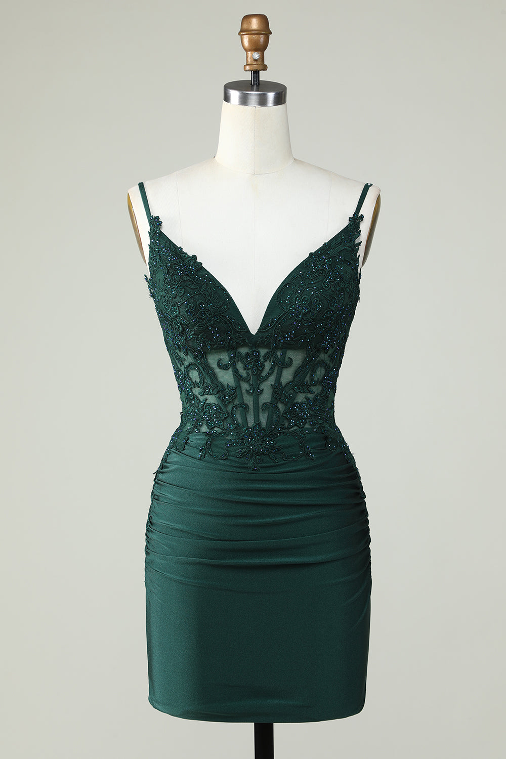 Spaghetti Straps Dark Green Short Prom Dress with Beading