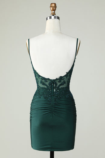Spaghetti Straps Dark Green Short Prom Dress with Beading