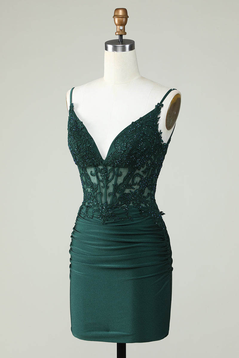 Load image into Gallery viewer, Spaghetti Straps Dark Green Short Prom Dress with Beading