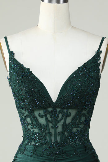 Spaghetti Straps Dark Green Short Prom Dress with Beading