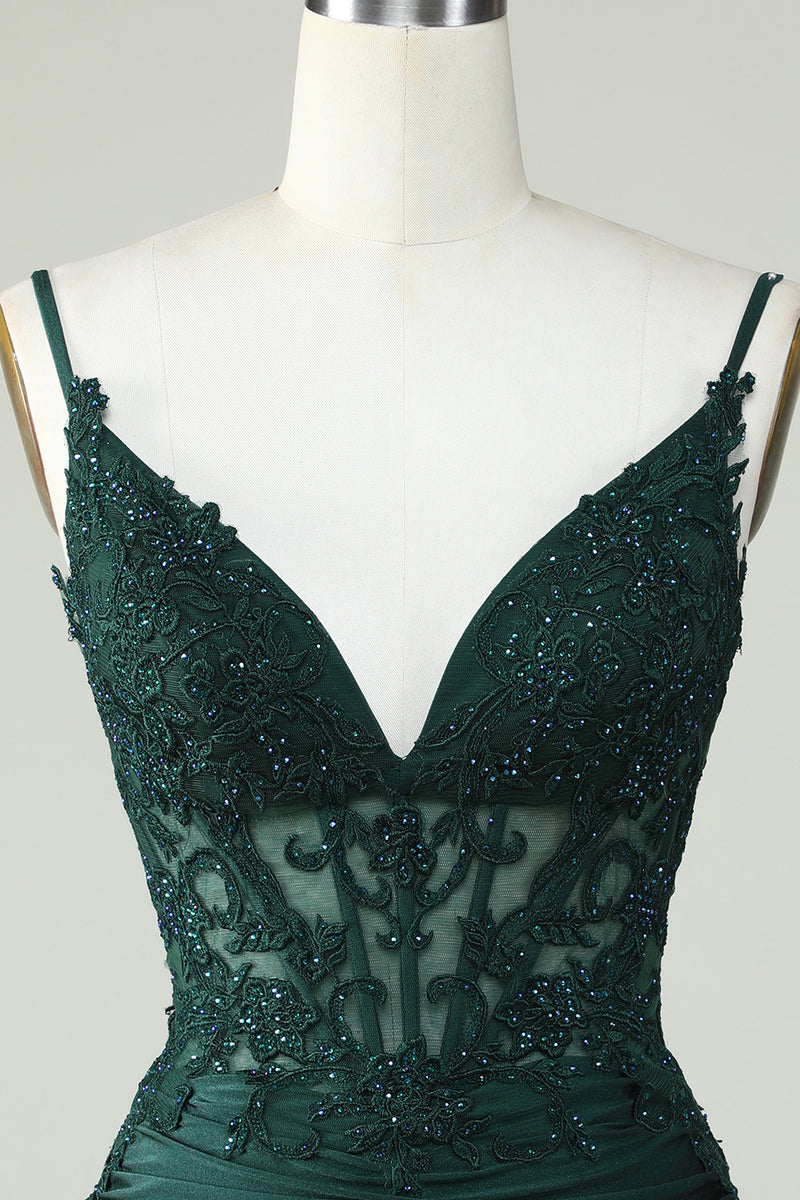 Load image into Gallery viewer, Spaghetti Straps Dark Green Short Prom Dress with Beading