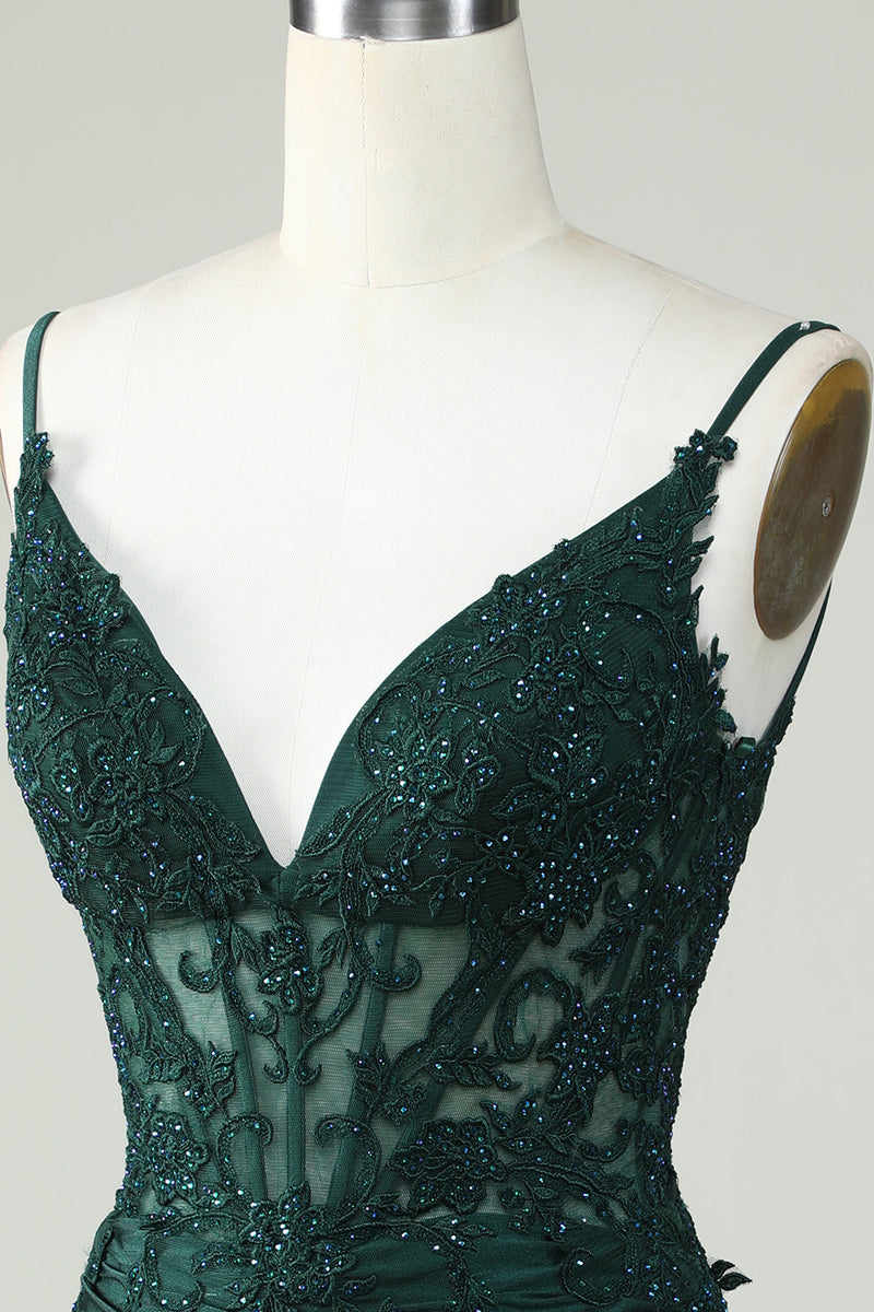 Load image into Gallery viewer, Spaghetti Straps Dark Green Short Prom Dress with Beading