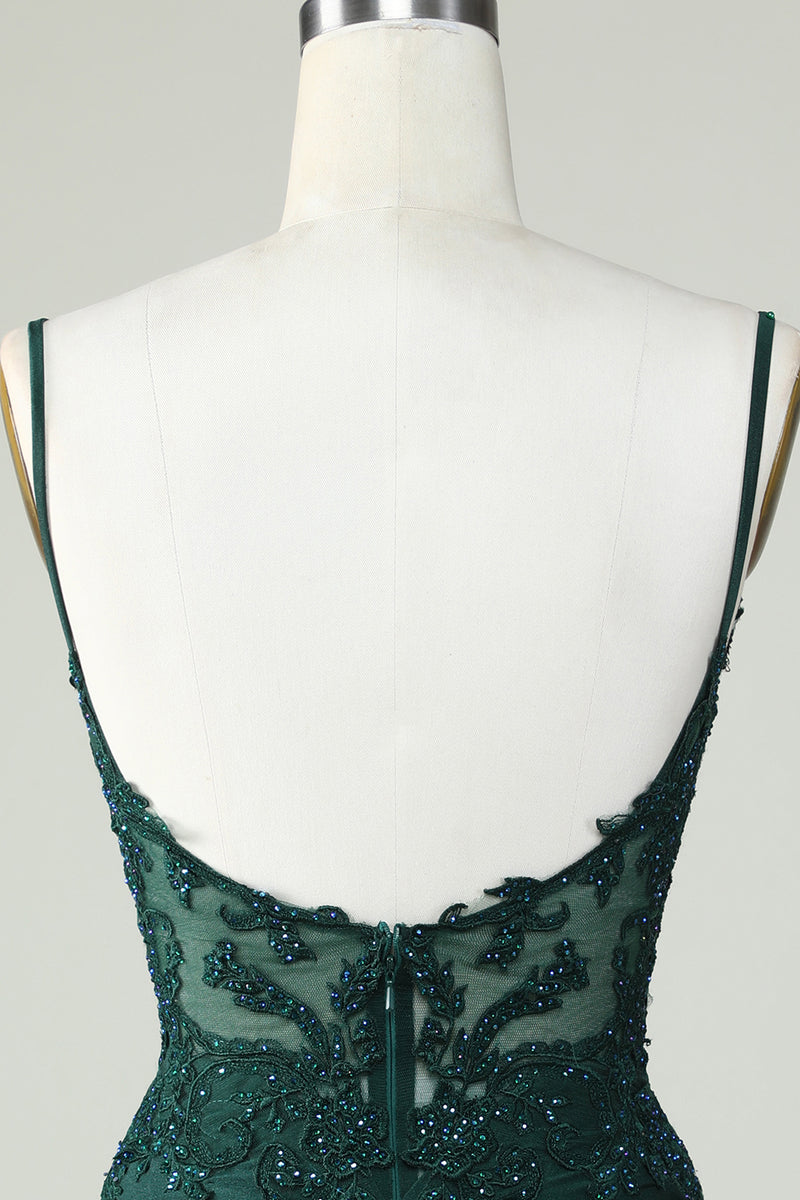 Load image into Gallery viewer, Spaghetti Straps Dark Green Short Prom Dress with Beading