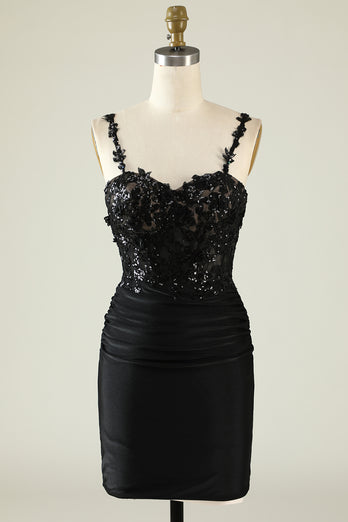Spaghetti Straps Sequins Black Short Prom Dress