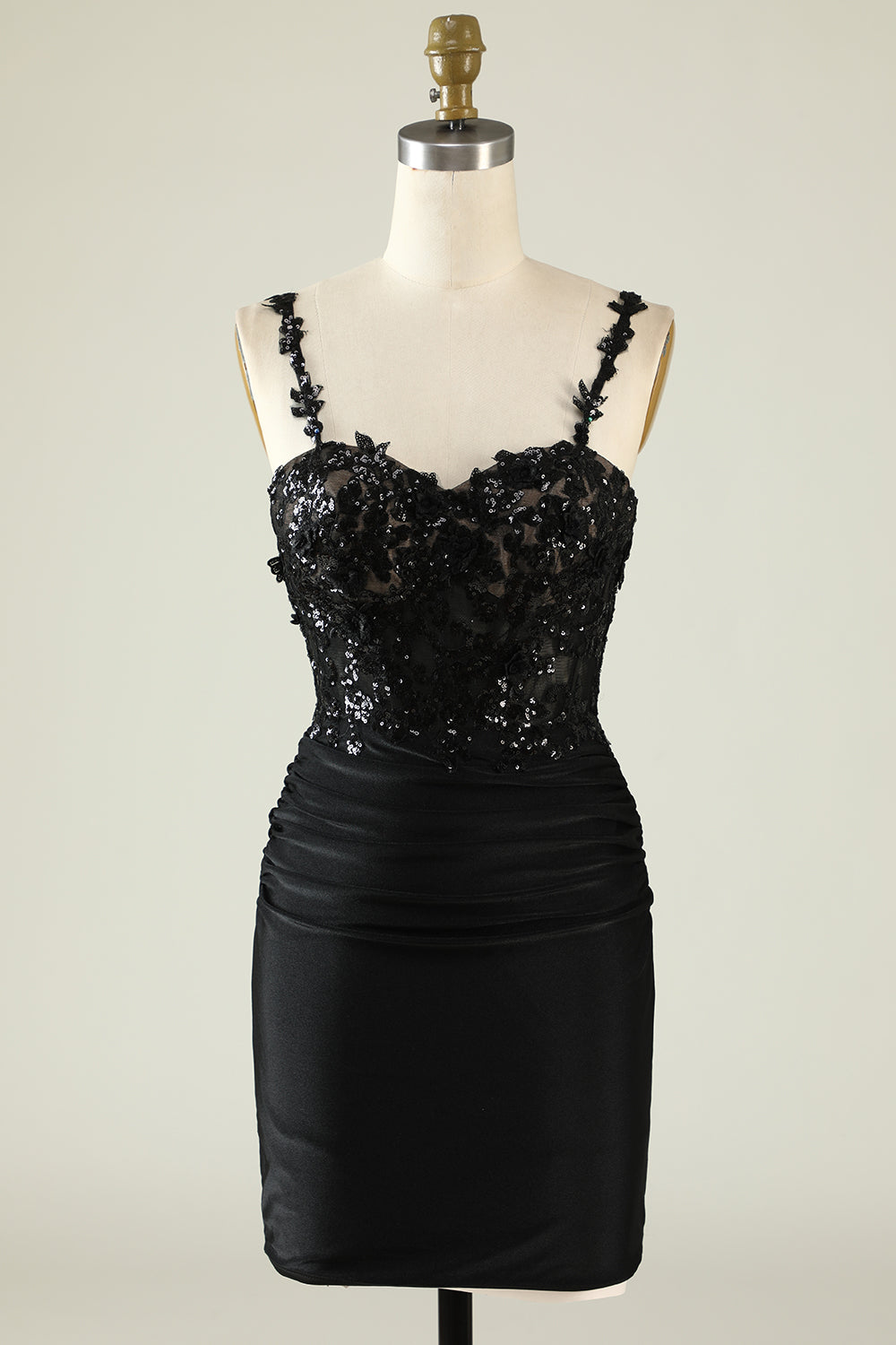 Spaghetti Straps Sequins Black Short Prom Dress