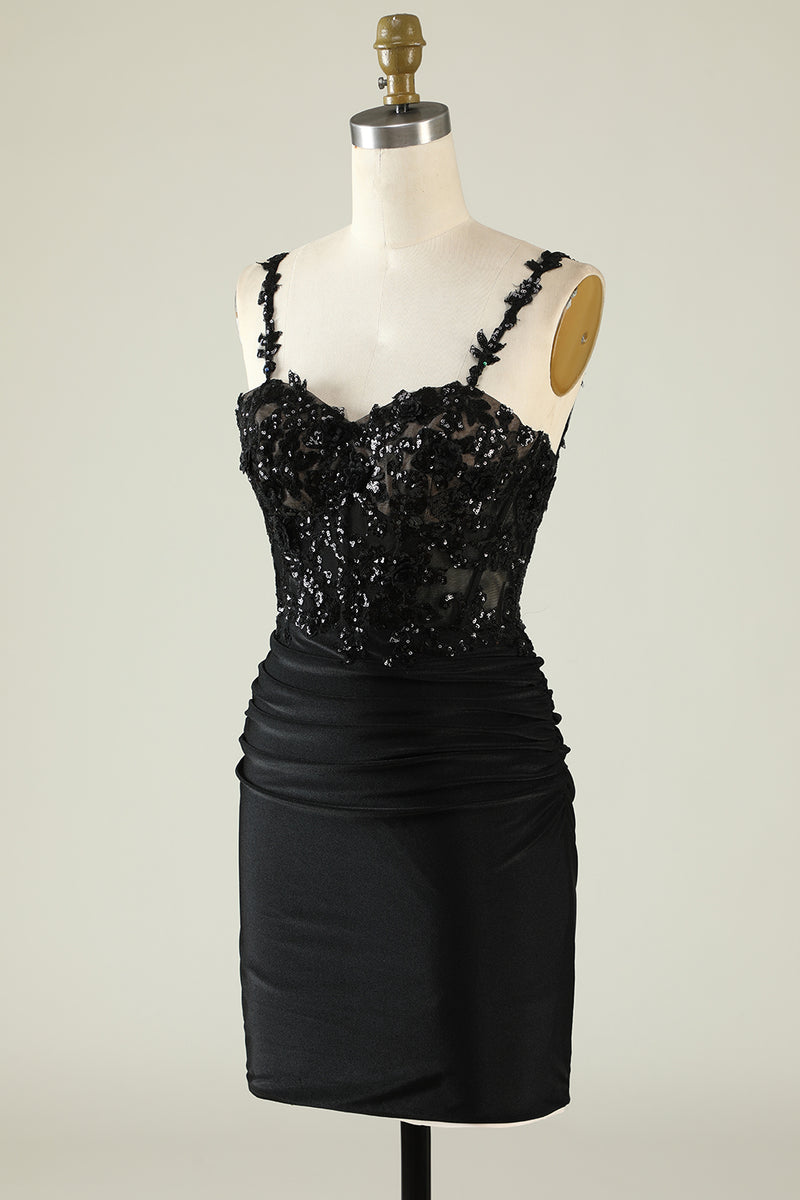 Load image into Gallery viewer, Spaghetti Straps Sequins Black Short Prom Dress