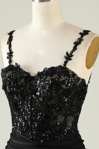 Spaghetti Straps Sequins Black Short Prom Dress