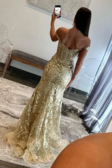 Sparkly Golden Off The Shoulder Mermaid Long Corset Prom Dress with Slit