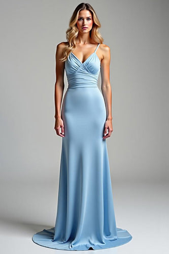 Simple Sky Blue Spaghetti Straps Long Sheath Prom Dress