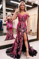 Load image into Gallery viewer, Sparkly Golden Off The Shoulder Mermaid Long Corset Prom Dress with Slit