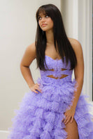 Load image into Gallery viewer, Lilac Floral Tiered Princess Corset Prom Dress with Slit